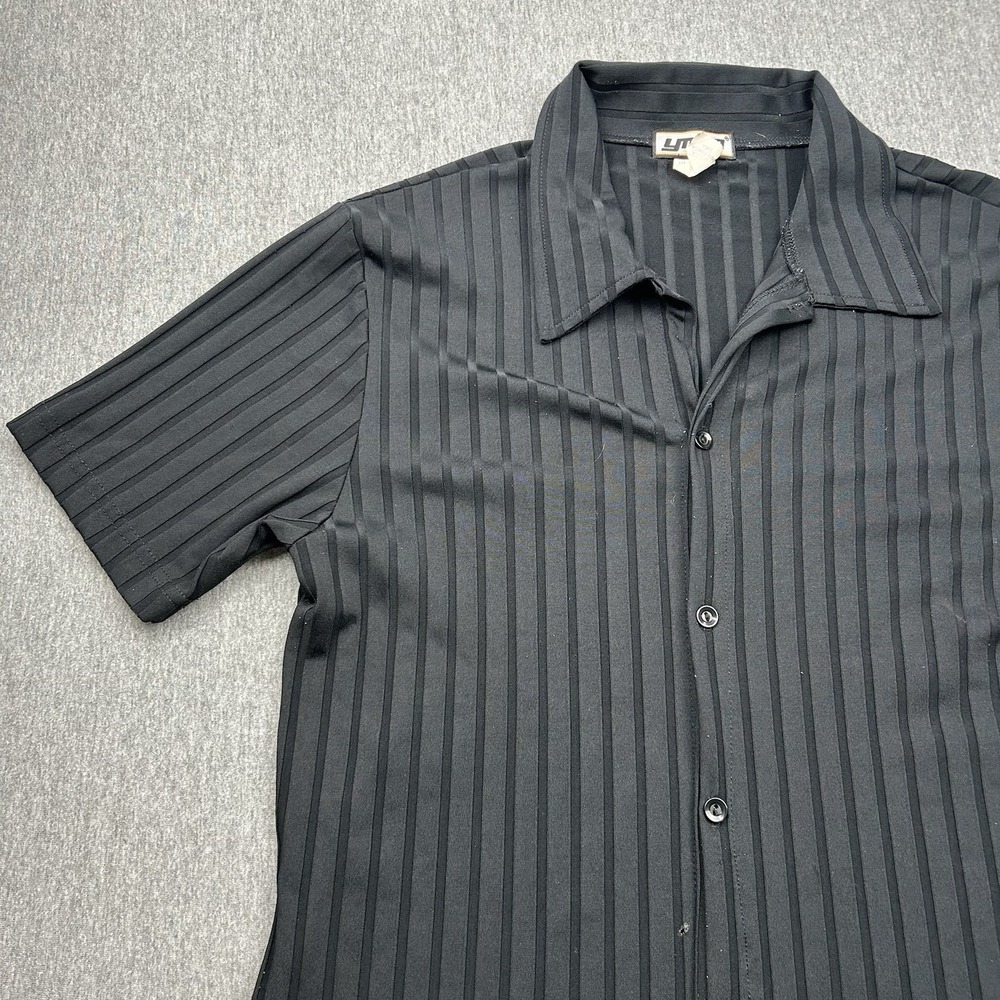 YMLA Button Up Shirt Large Black‎ Ribbed Texture Short Sleeve Disco Rave USA